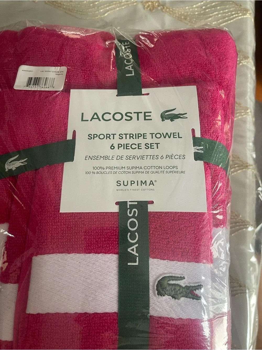 NWT Lacoste heritage sport strip logo cotton 6pc bath towel set color magenta